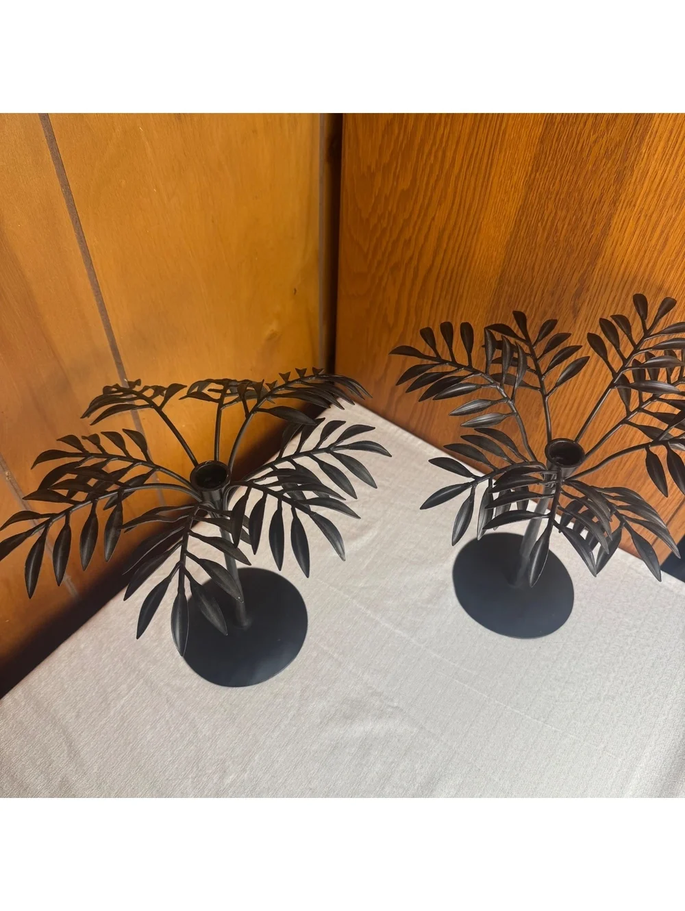 Vintage Black Metal Palm Tree Candle Holders Pair Tropical Coastal Decor